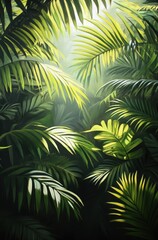 Lush Tropical Jungle with Sunlight Filtering through Vibrant Green Palm Leaves in a Serene Natural Environment