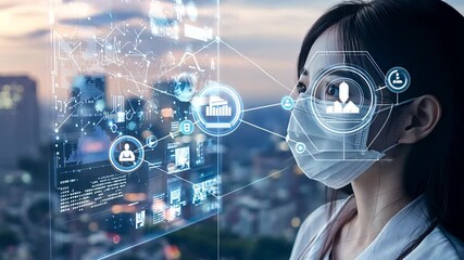 Asian Woman in Mask Analyzing Financial Data on Transparent Screen Display - Powered by Adobe