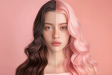 Edgy and Delicate Diva: Bold Dark Chocolate meets Soft Pastel Pink in a Half-and-Half Hairstyle