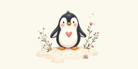 Naklejka premium cute penguin standing with flowers