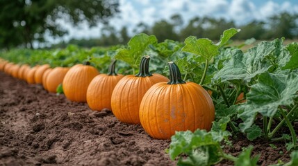 Fresh pumpkins in a field row