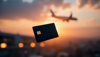 Dark credit card against airplane silhouette at orange sunset, symbolizing travel financing