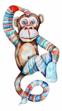 Colorful monkey in vibrant patterns for creative design and decoration. Sock Monkey Day