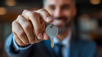  Business professional holding a key, real estate concept, corporate success, milestone achievement