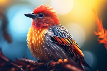 Captivating close up of a colorful bird showcasing its feathers, beak, and intense eyes in nature