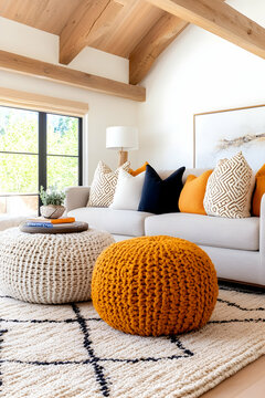 Cozy living room with accent pillows and poufs