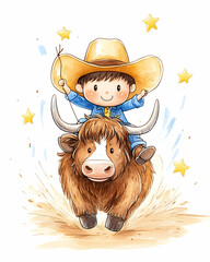 Cute boy riding a bull in a cowboy hat