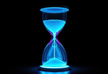 Neon hourglass glows vibrantly against black, showcasing time's fleeting nature, metaphor, futuristic