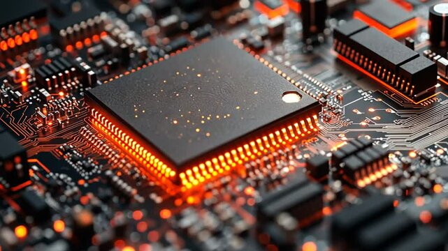 Close-up Macro of a Computer Chip with Orange Light Effects, Modern Technology