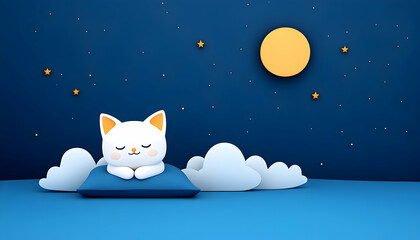 Cute cartoon cat sleeping soundly on a pillow under a night sky