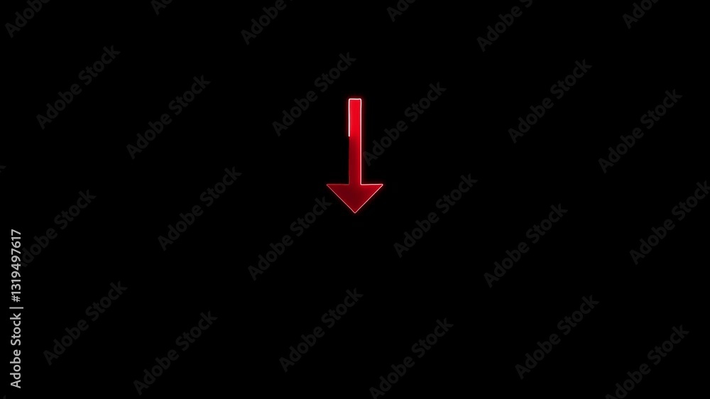 Poster red moving arrow sign symbol animation on black background, arrow pointing down 4k animated video