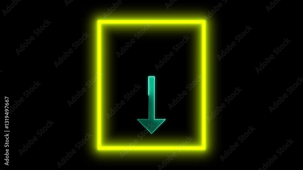 Poster directing arrow to down in a yellow rectangle, blue arrow sign symbol animation on black background,
