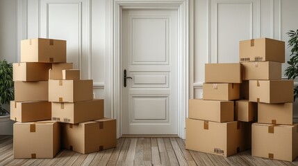 Bright, minimalist apartment entrance with stacked cardboard boxes and wooden flooring