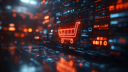 Digital commerce with glowing shopping cart, futuristic interface, data visualization, cyber market