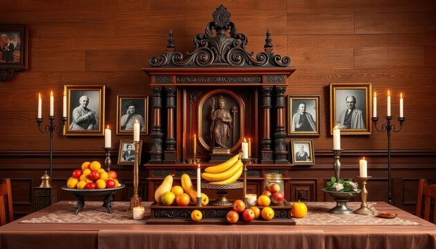 Ornate wooden altar displays fruit, incense, candles & framed black & white photos, candles, wooden table