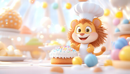 Fototapeta premium Cute lion chef preparing a decorated cake in a vibrant, pastel-colored celebration setting