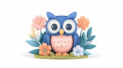 Obraz premium Cute owl surrounded by flowers and leaves