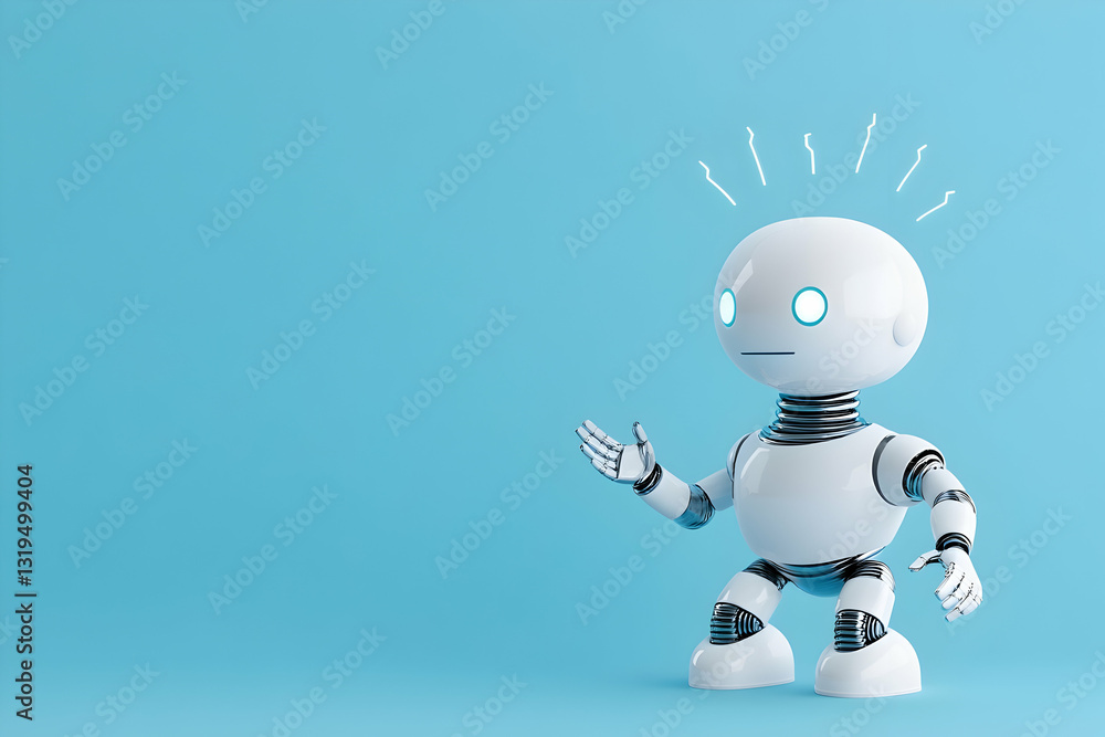 Poster cute robot with thoughtful expression, presenting something