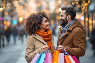 Smiling couple in warm clothing holding shopping bags on a festive street with glowing lights in the background. Winter holiday shopping concept. Ai generative