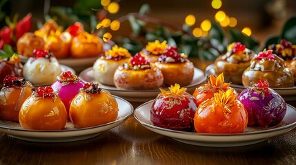 Obraz premium Festive table with eight types of colorful sweets cozy kitchen food scene warm atmosphere close-up culinary delight