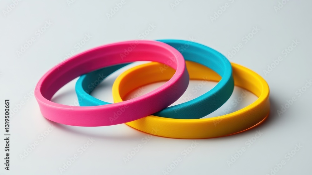 Poster colorful fitness bands intersecting at precise angles on a white background emphasizing minimalist d