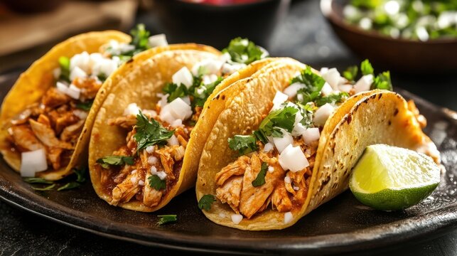 Delicious chicken tacos with onion, cilantro, and lime on a rustic plate Chicken Tinga Tacos.