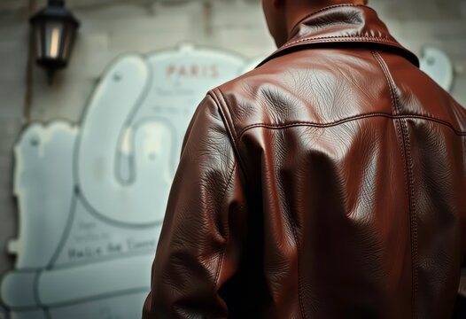 Retro European leather jacket, vintage Parisian style, magazine,  close-up