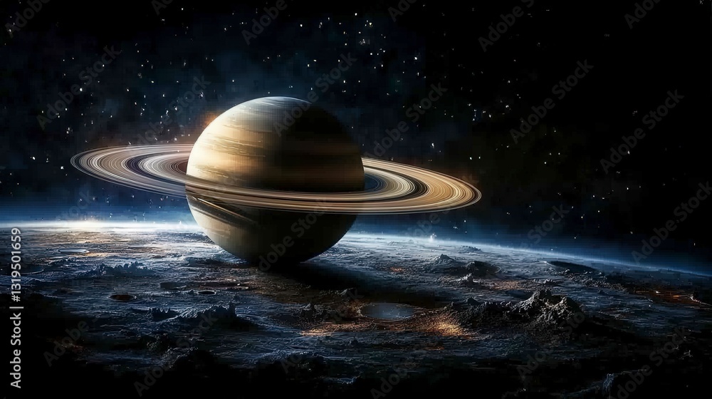 Poster spectacular saturn and its rings outer space astronomical image cosmic setting wide-angle view plane