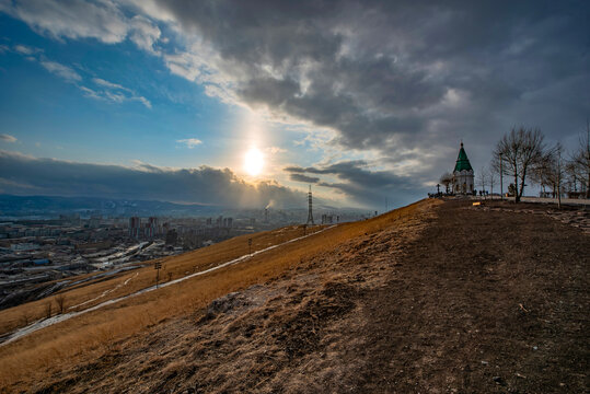 Paraskeva Pyatnitsa Chapel on Karaulnaya Mountain at sunset, Krasnoyarsk, Siberia, Russia