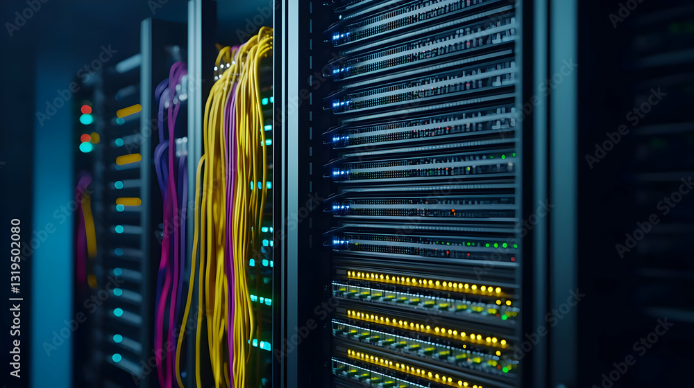 Aufkleber dark server room with glowing lights and colorful cables in a modern data center with advanced techn