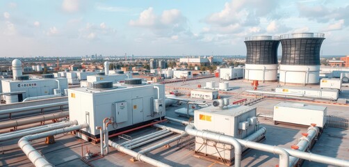 Rooftop chiller unit with extensive pipework and cooling towers, equipment,  building maintenance