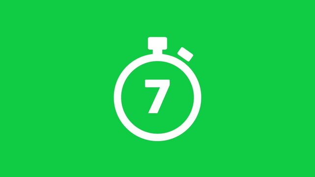 A clean motion graphic of a white stopwatch displaying the number 7 on a vibrant green background. The minimal, modern animation represents countdowns, time management, and urgency.