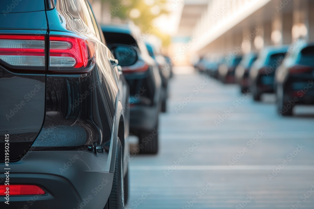 Poster clean parking area filled with multiple car-sharing vehicles captured from drone perspective with am
