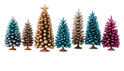  Colorful decorative Christmas trees with ornaments pine cones png