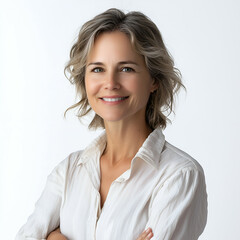 Fototapeta premium Professional Headshot of a Smiling, Confident Blonde Businesswoman in Casual White Shirt - Image for Personal Branding and Communication