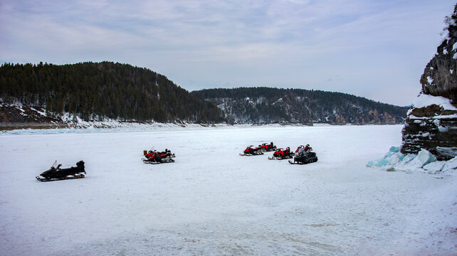 Snowmobiling on the Yenisei River Krasnoyarsk, Siberia
