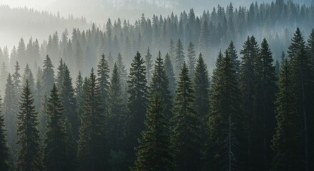 Evergreen Forest on a Misty Morning with Sunlight Shining Through Trees