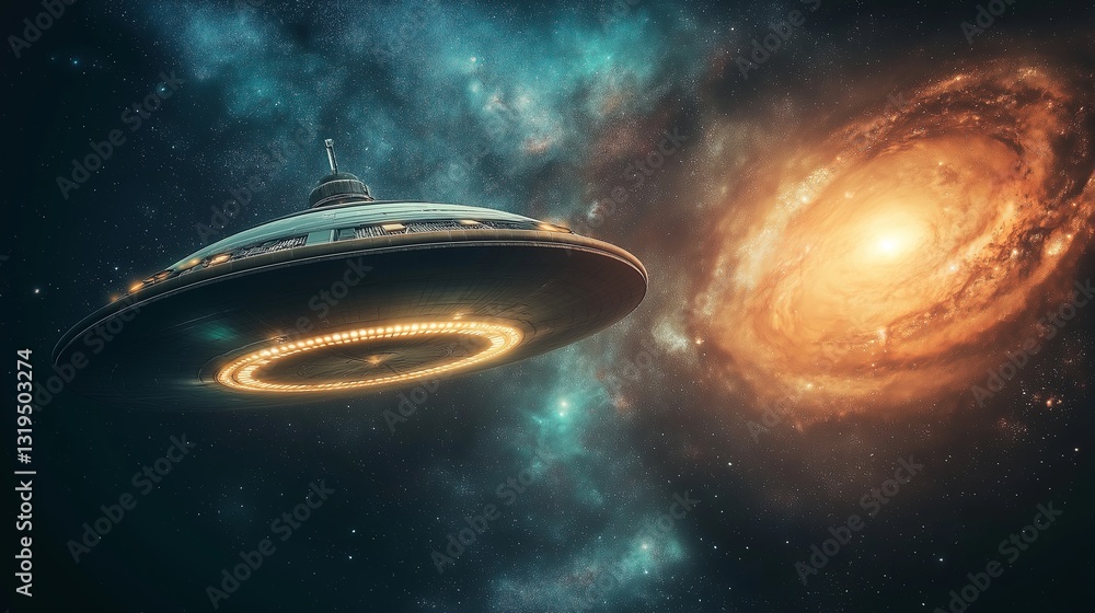 Poster a futuristic spaceship exploring a distant galaxy