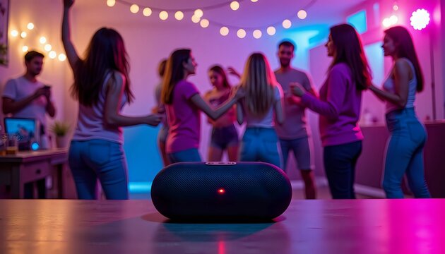 Portable speaker sets the vibe at a lively house party with dancing friends