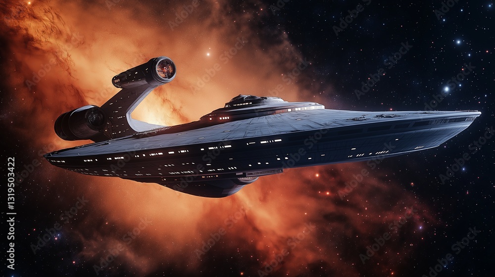Poster a futuristic spaceship exploring a distant galaxy