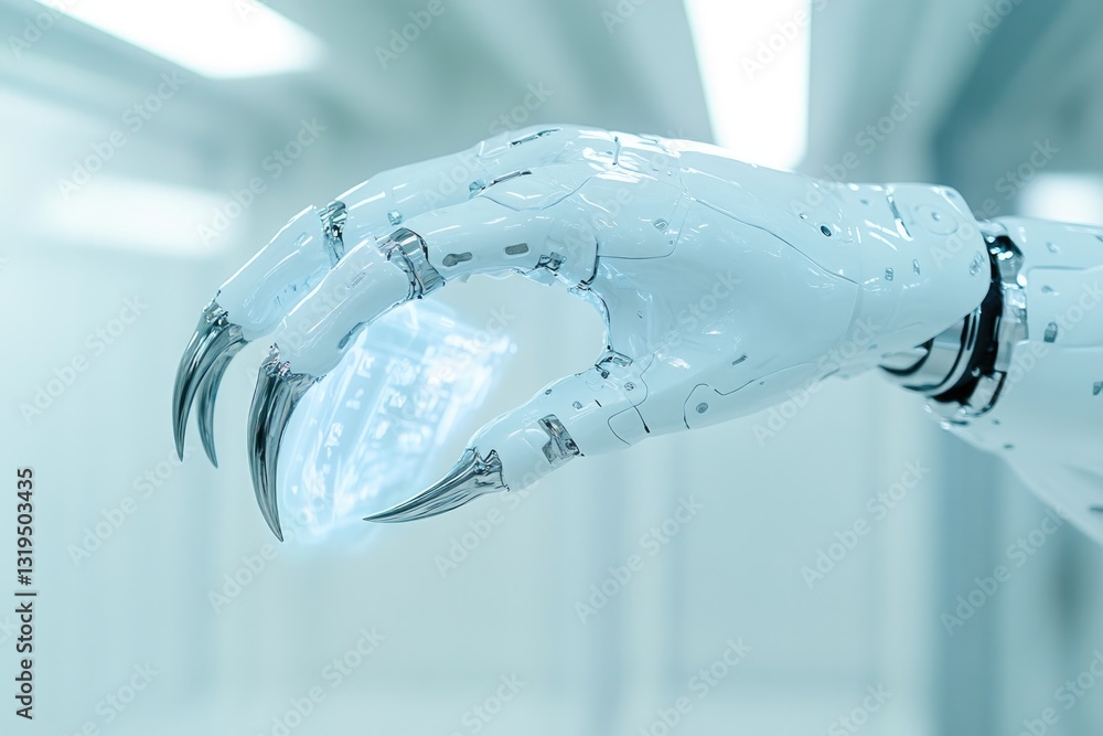 Poster close-up of alien clawed hand interacting with translucent holographic display sleek metallic enviro