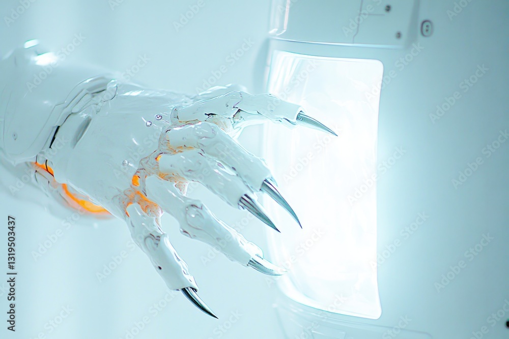Poster close-up of alien clawed hand interacting with translucent holographic display sleek metallic enviro