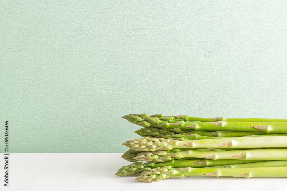 Aufkleber close-up of fresh asparagus spears displayed horizontally on white surface illuminated softly with w