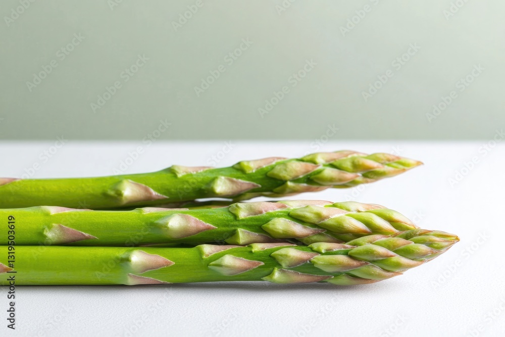 Aufkleber close-up of fresh asparagus spears displayed horizontally on white surface illuminated softly with w