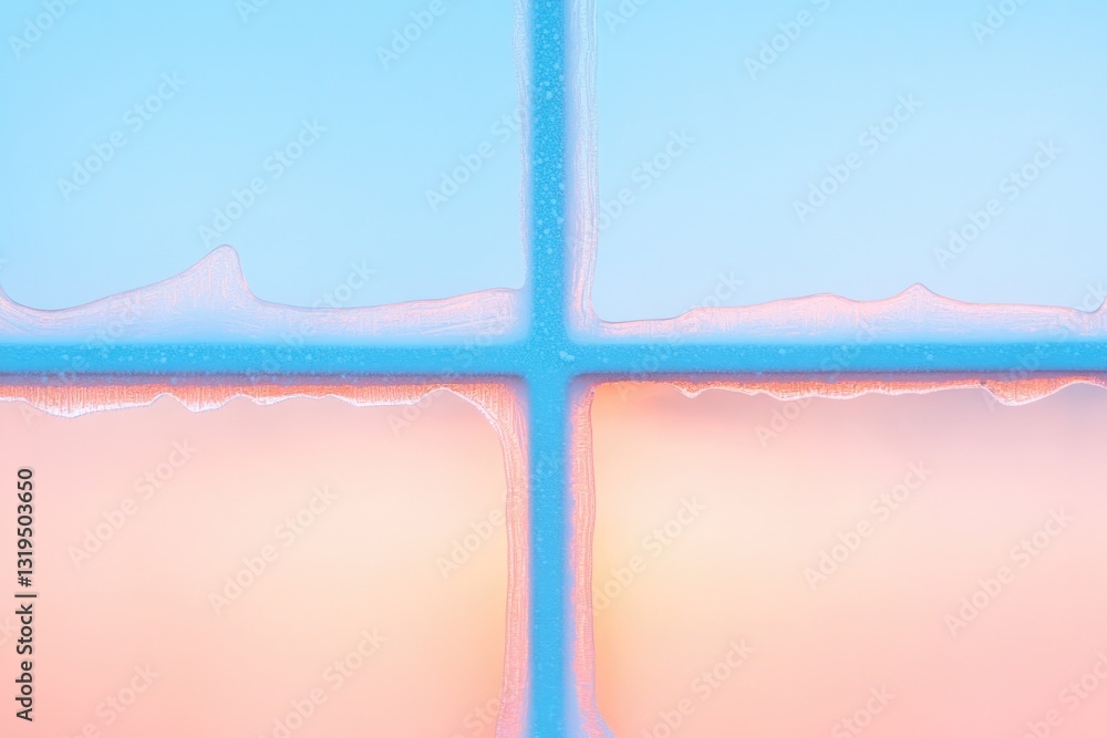 Poster close-up of intricate frost patterns on windowpane illuminated by soft glow of morning light creatin