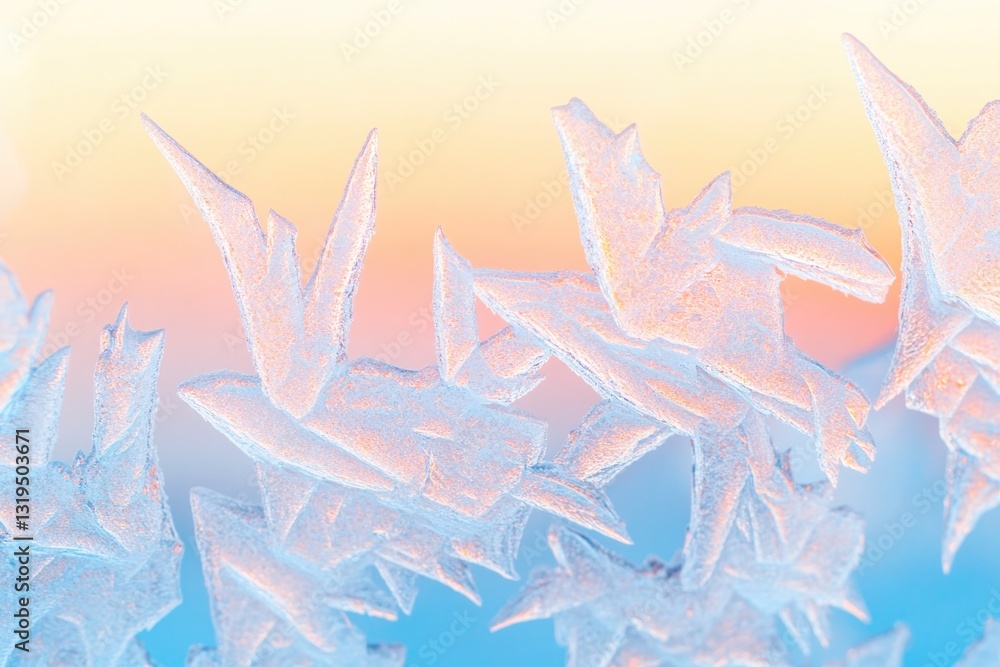 Poster close-up of intricate frost patterns on windowpane illuminated by soft glow of morning light creatin