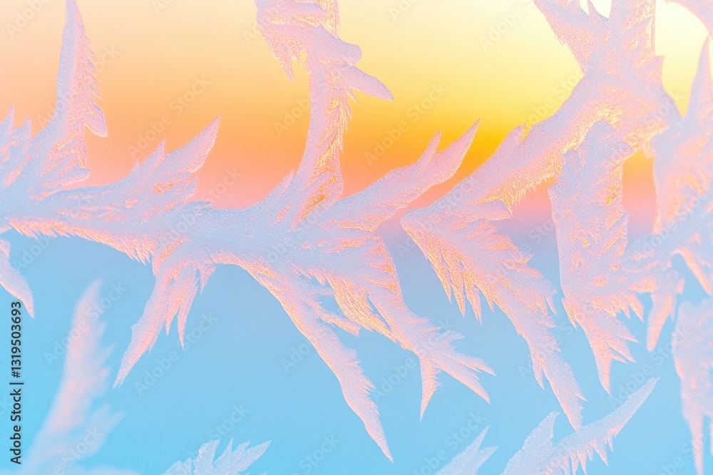 Poster close-up of intricate frost patterns on windowpane illuminated by soft glow of morning light creatin