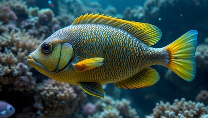 Naklejka premium sea fish in coral reefs have developed distinct adaptations such as camouflage, mimicry, and impressive survival strategies to thrive in their underwater environment See Less By pixelinlove