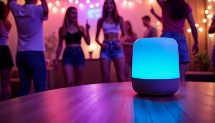 Smart lamp casts a vibrant blue glow at a fun-filled dance party