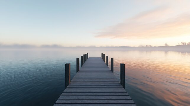 Tranquil lakeside dock at sunrise serene nature scenery peaceful environment scenic viewpoint